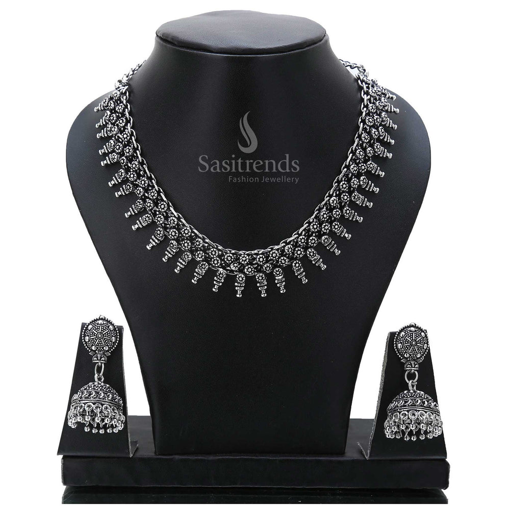 Oxidised silver Ancestral Charm jewellery set with bold neckpiece and antique-style jhumka earrings – a cultural legacy inspired handcrafted look perfect for ethnic sophistication – Sasitrends