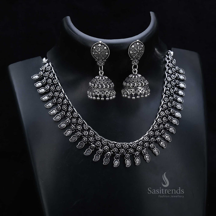 Ornate heritage oxidised silver necklace set paired with filigree style jhumkas – a refined traditional cultural elegance jewellery piece – Sasitrends