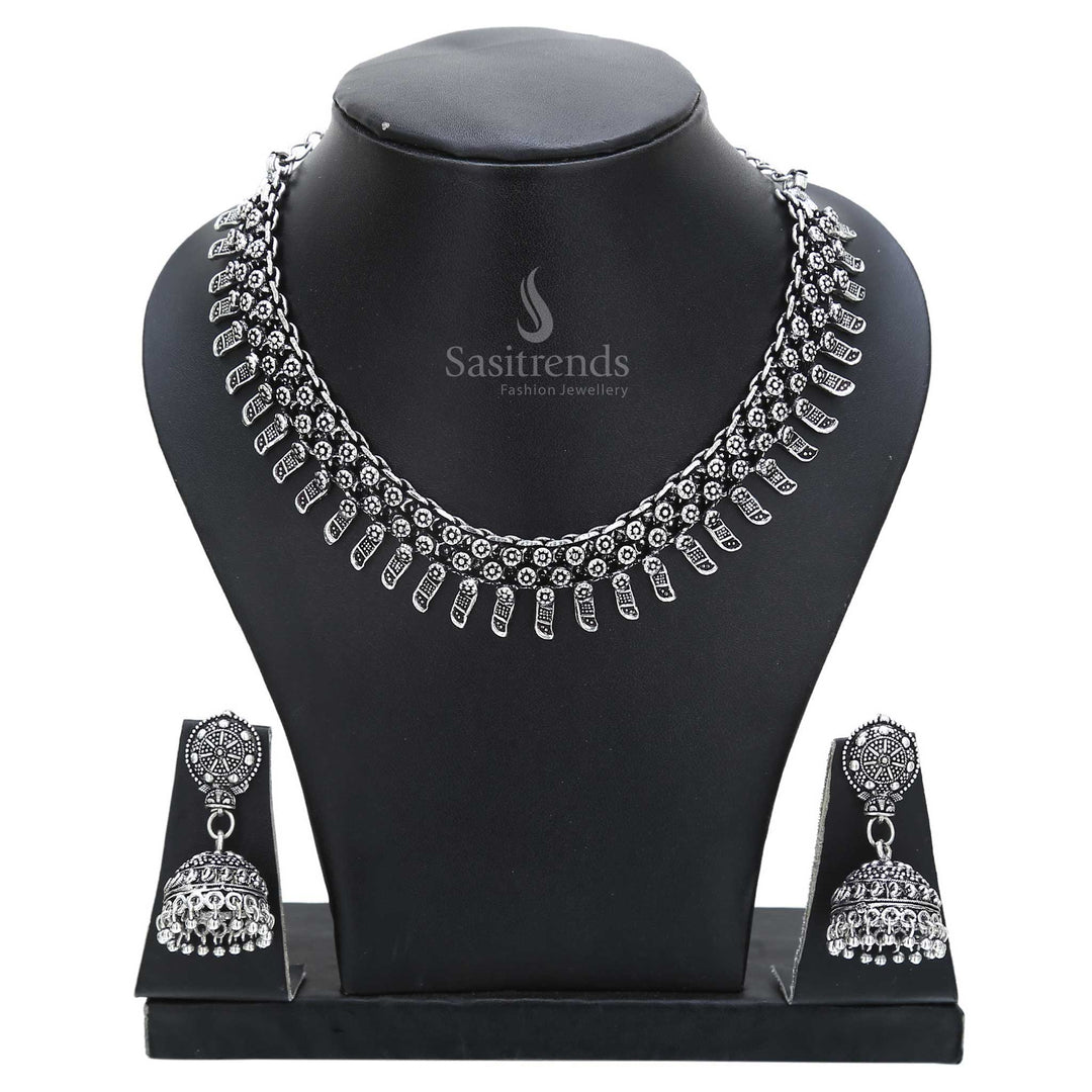 Eternal folk tales live on in this oxidised silver necklace and jhumka set with mythical motifs – ideal for ancestral ceremonies and traditional jewellery collections – Sasitrends