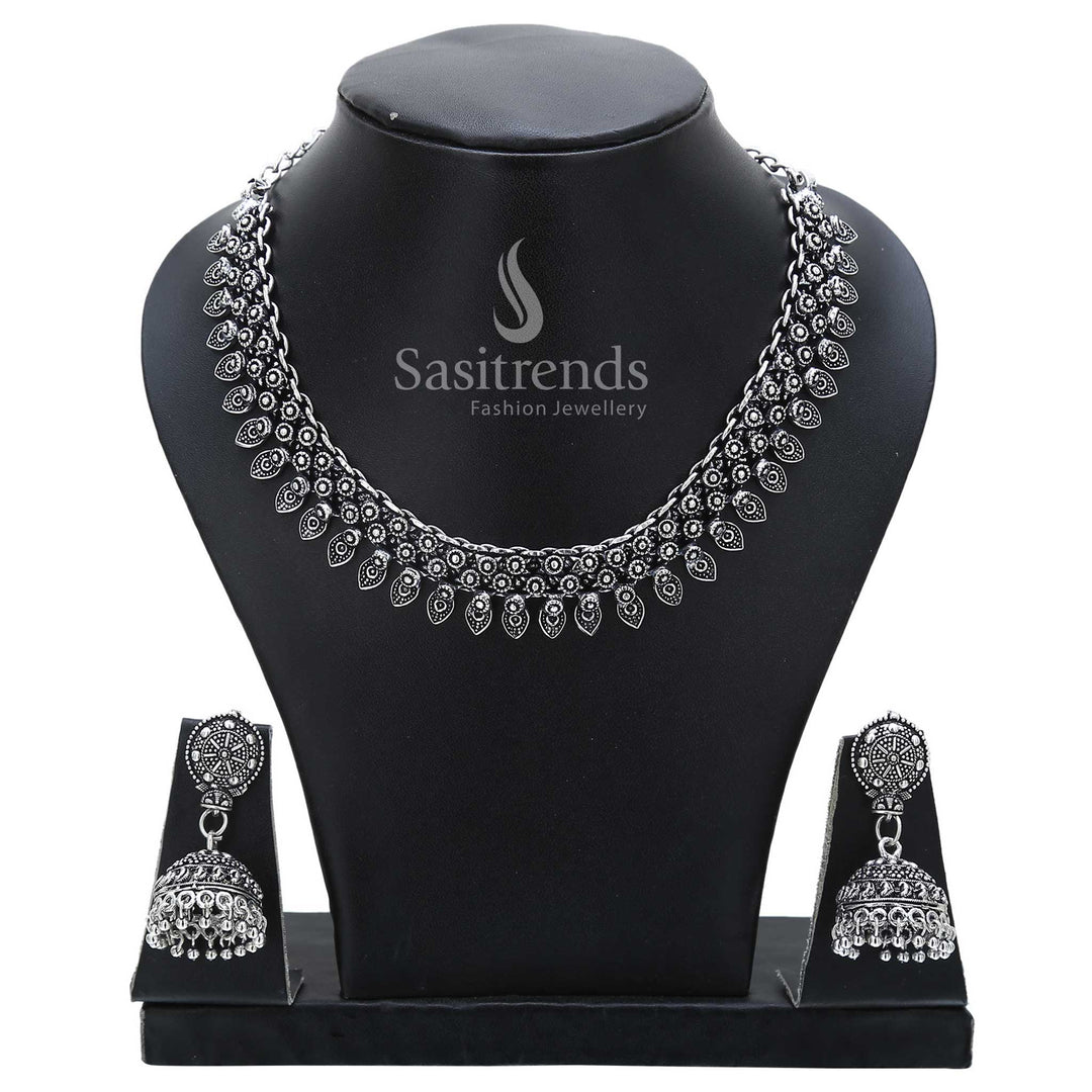 Traditional peacock motif oxidised silver necklace and jhumka earrings jewellery set – crafted with grace for rich cultural festivities – Sasitrends