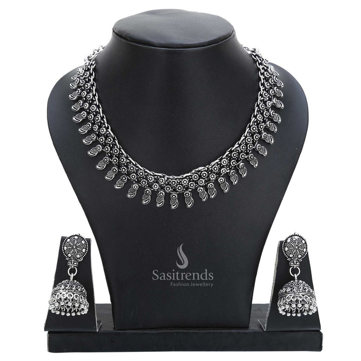 Artisan style oxidised silver jewellery set with traditional choker necklace and beaded jhumkas – an elegant pick for cultural finesse – Sasitrends