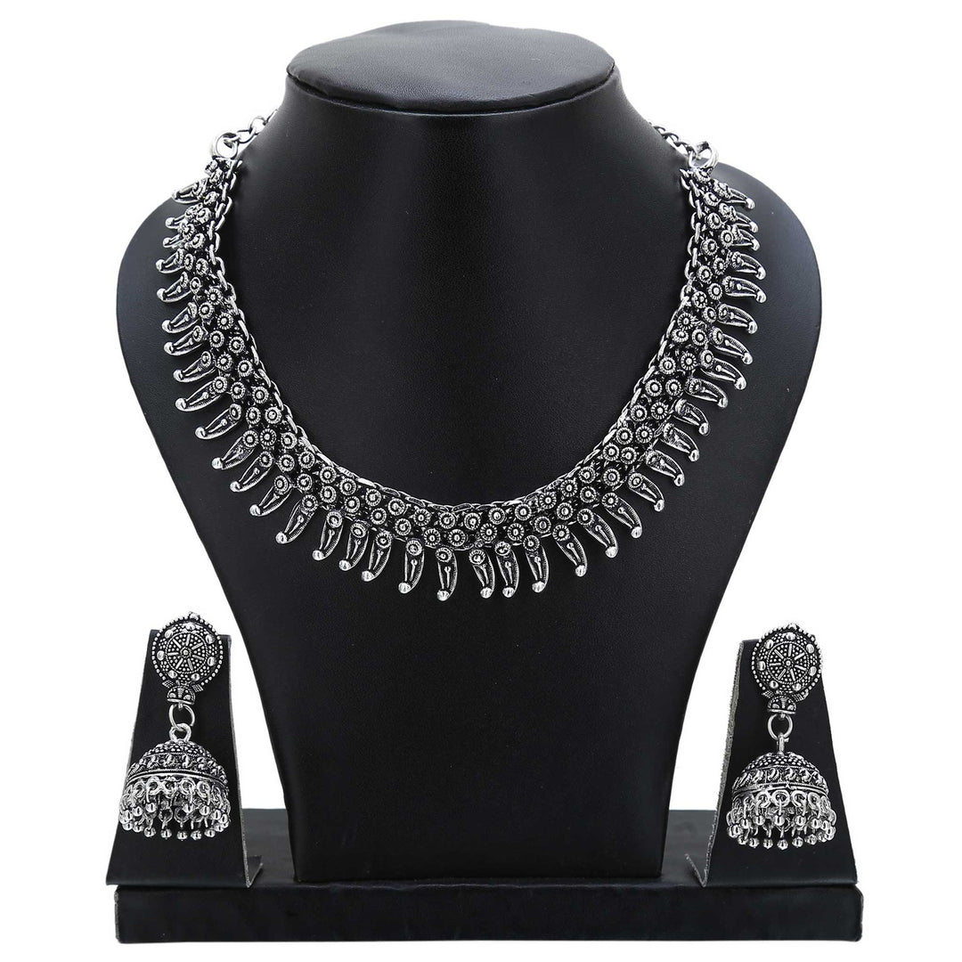 Classic devotion captured in oxidised silver necklace and jhumka earrings jewellery set – made for ancestral spiritual gatherings and ceremonial traditions – Sasitrends