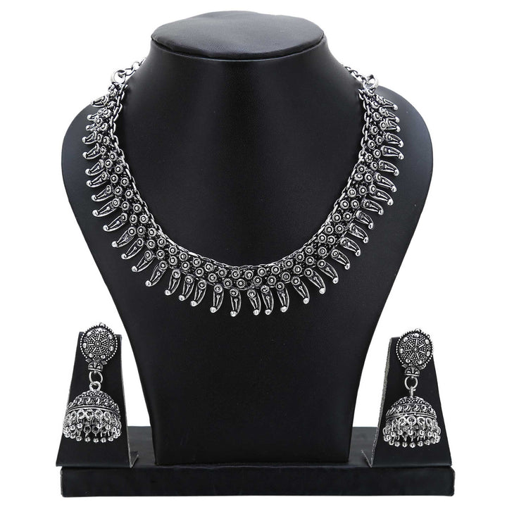 Classic devotion captured in oxidised silver necklace and jhumka earrings jewellery set – made for ancestral spiritual gatherings and ceremonial traditions – Sasitrends