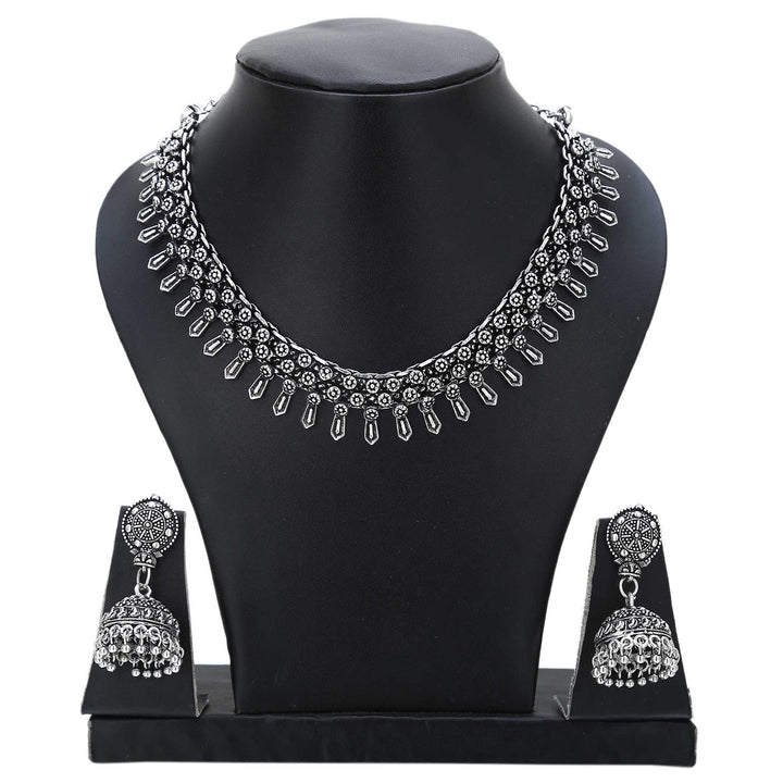 Graceful tradition in oxidised silver jewellery set featuring a long antique necklace and drop-style jhumkas – made for ancestral gatherings – Sasitrends
