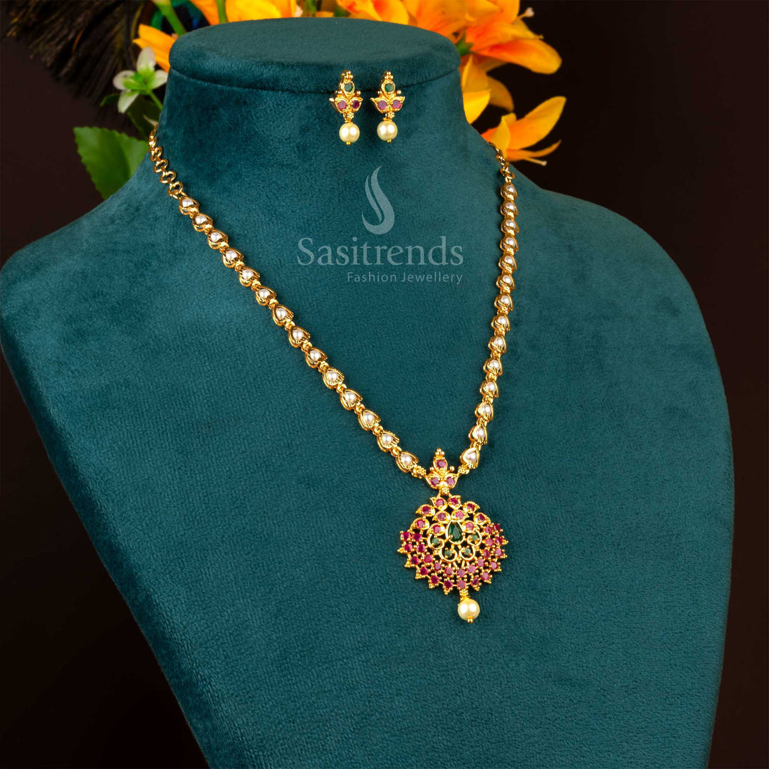 Elegant micro gold plated pendant set in ruby-green hues adorned with pearls – perfect for ethnic styling and traditional South Indian jewellery lovers seeking vibrant charm – Sasitrends