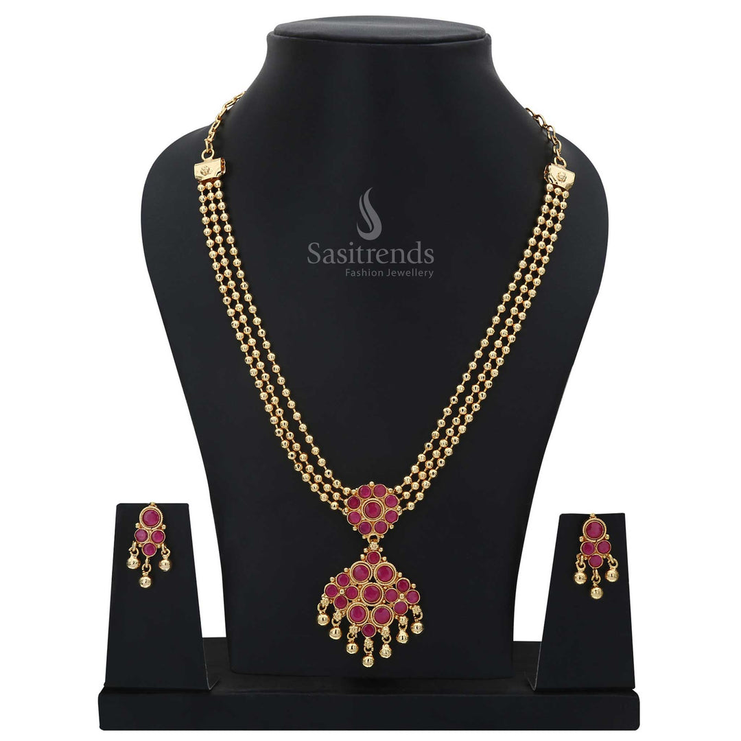 Exquisite Micro Gold Plated Diamond Pendant Jewellery Set with a dazzling Ruby Stone centerpiece, featuring an intricately crafted Three-Layered Golden Beads Necklace - Sasitrends