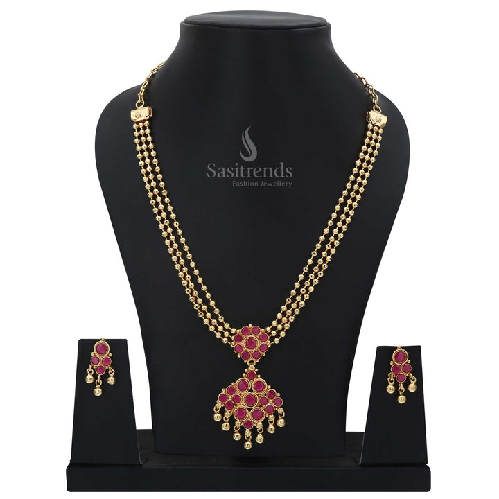 Exquisite Micro Gold Plated Diamond Pendant Jewellery Set with a dazzling Ruby Stone centerpiece, featuring an intricately crafted Three-Layered Golden Beads Necklace - Sasitrends