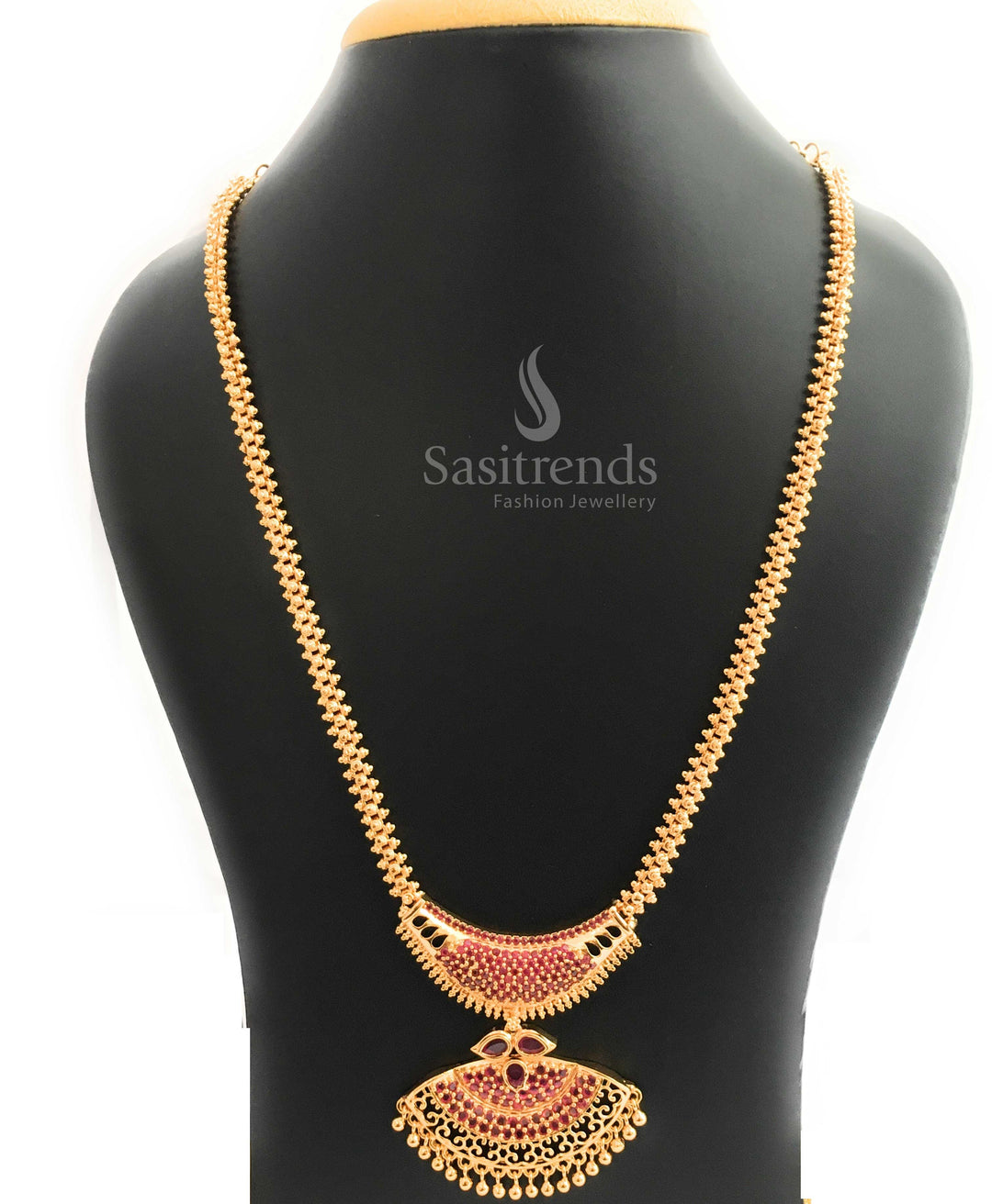 Traditional micro gold plated Ruby necklace featuring two pendants with temple artistry and cultural grace, ideal for saree and lehenga wear – Sasitrends