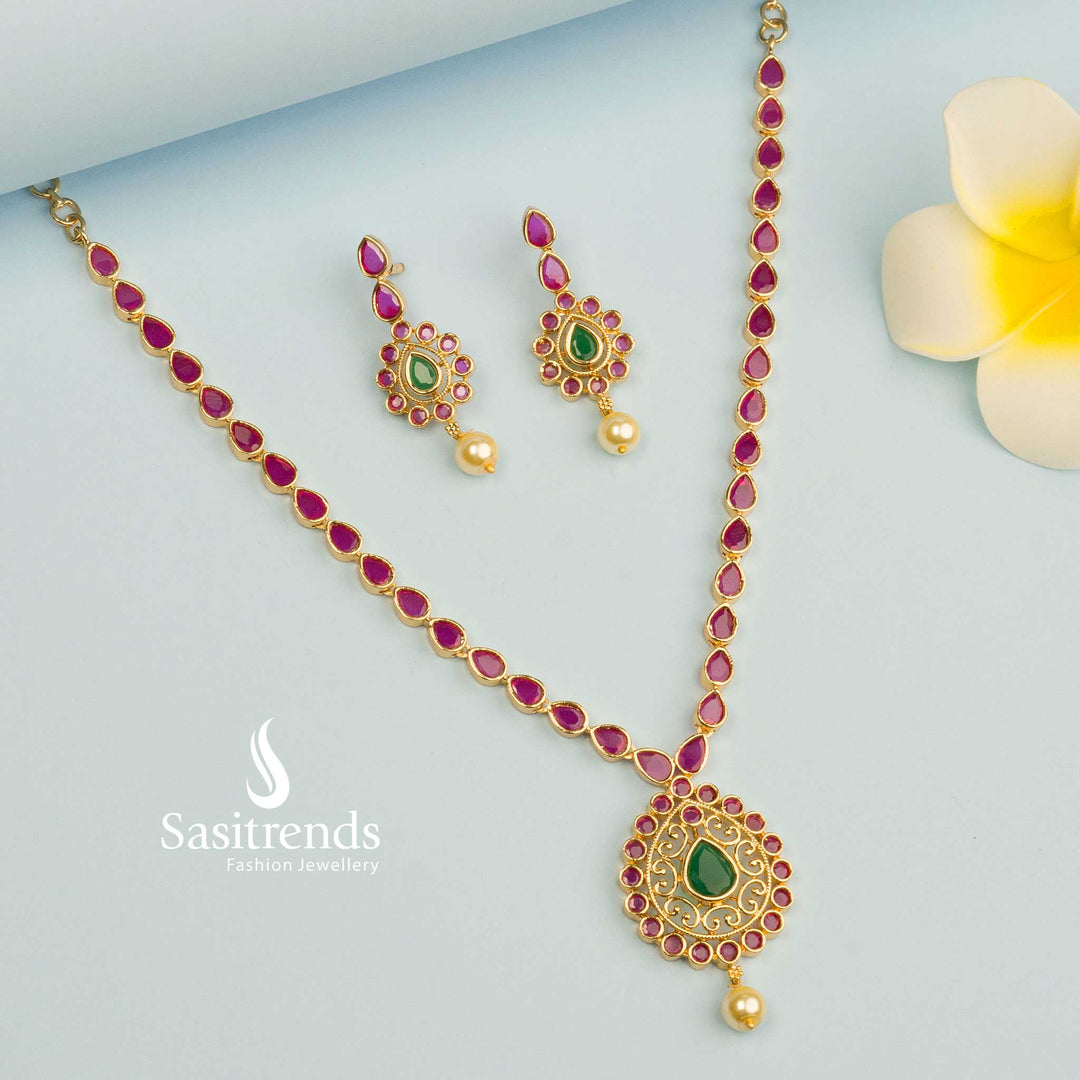 Micro Gold Plated Pendant Set - Traditional Elegance with Tear Drop Stone and Pearl Detail - Sasitrends