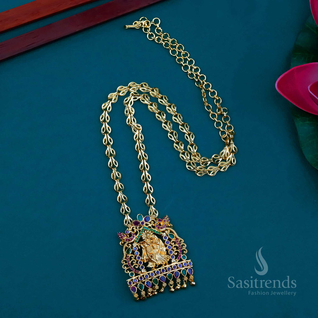 Sacred long necklace with micro gold polish, featuring an enchanting Radha Krishna pendant adorned with sparkling AD stones – a spiritual touch to ethnic ensembles – Sasitrends
