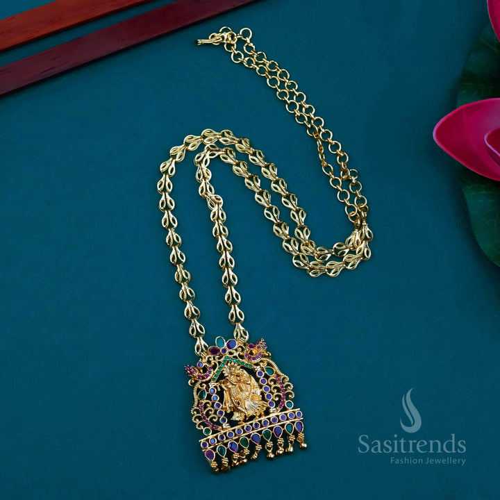 Traditional Micro Gold Plated Long Necklace with Radha & Krishna Pendant and AD Stones | Sasitrends