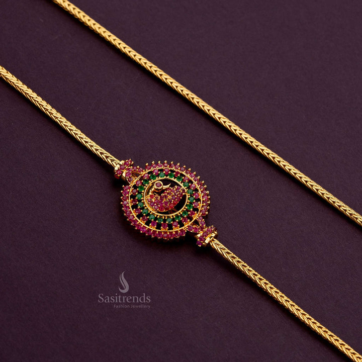 Ruby-green mugappu chain featuring peacock design, adorned with sparkling AD stones, perfect for sarees - Sasitrends
