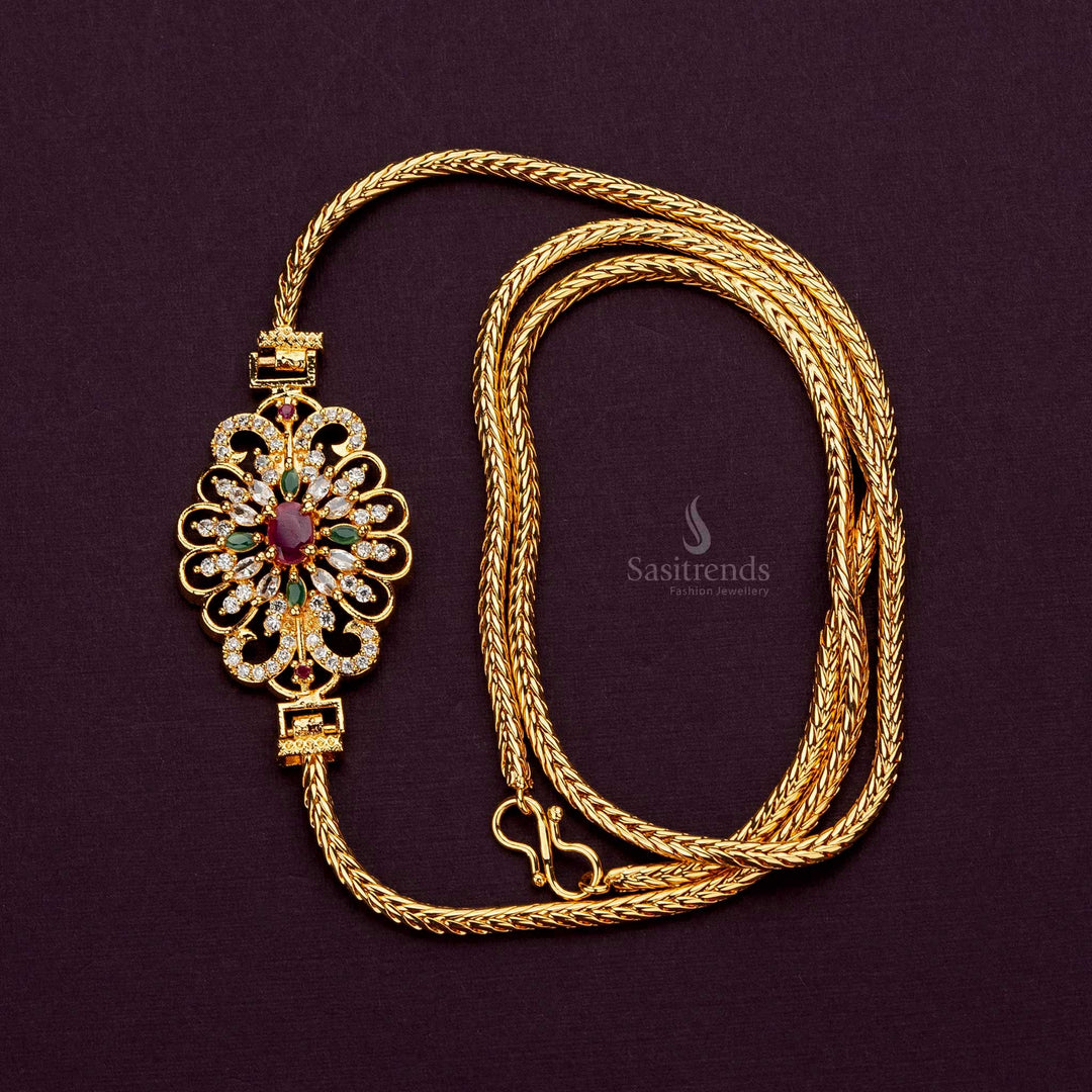 Vibrant multi-colored AD stone floral mugappu chain with a flower-shaped centerpiece, plated in micro gold for a premium look - Sasitrends