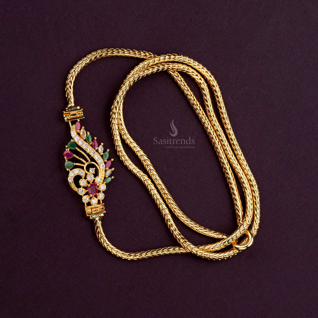 Elegant one gram mugappu chain with floral detailing and multi-colored AD stones, perfect for enhancing traditional outfits - Sasitrends