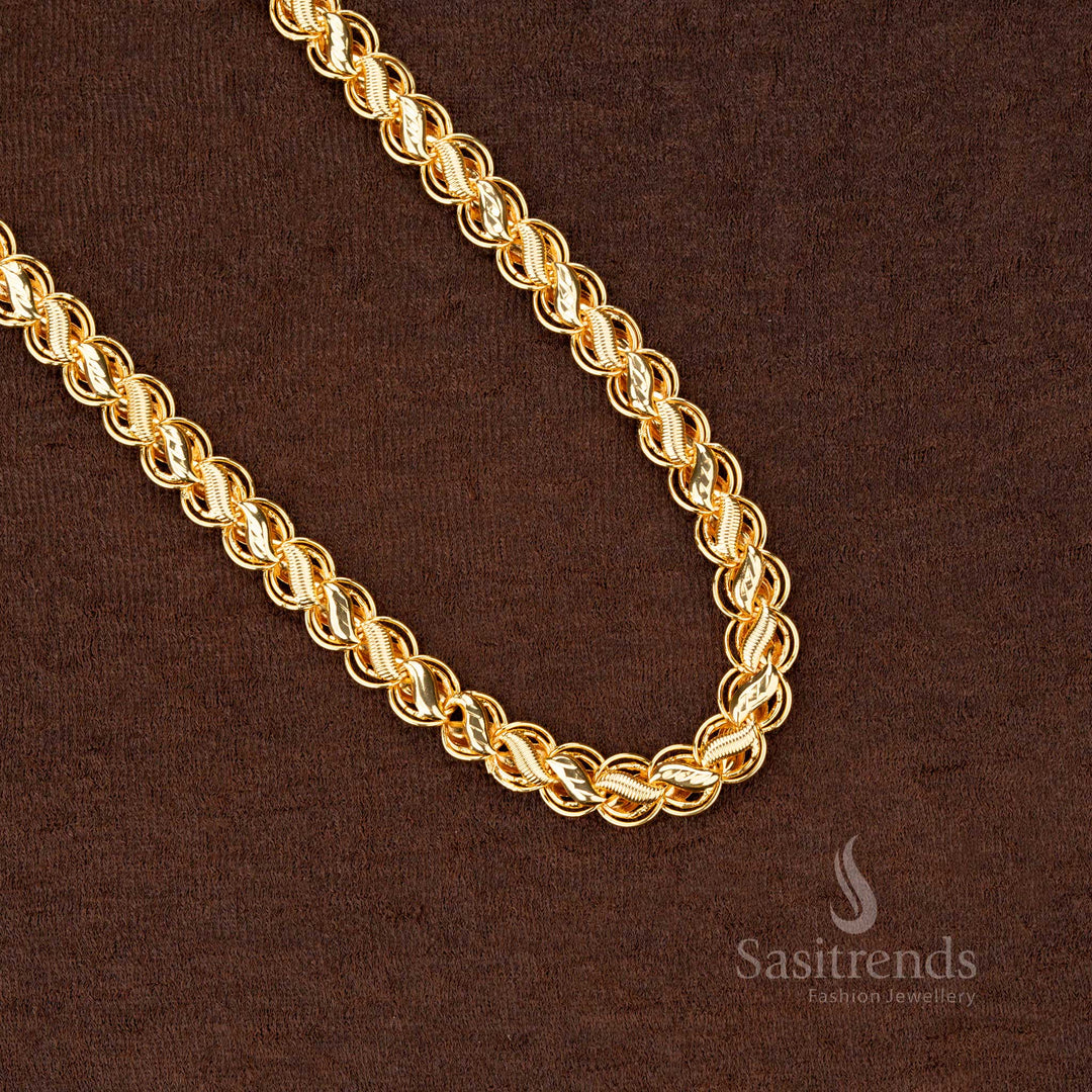 Grand micro gold plated long chain with leaf motifs, beautifully crafted for weddings, temples, and ceremonies - Sasitrends