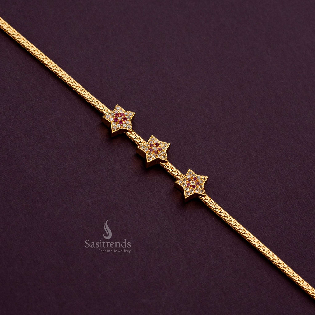 Stunning ruby-white star mugappu chain, plated with 24-carat gold, 24 inches - Sasitrends