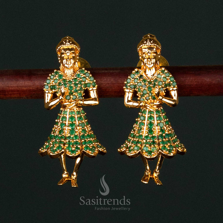 Butta Bomma Jhumka Earrings with Micro Gold Plating and Green Stones – A Regal Finish for Traditional Occasions - Sasitrends