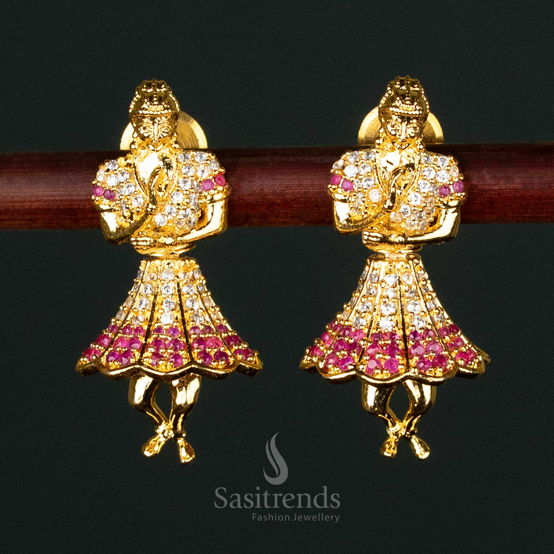 Elegant Micro Gold Plated Butta Bomma Jhumkas with White-Ruby Stones, Perfect for Classic Ethnic Wear - Sasitrends