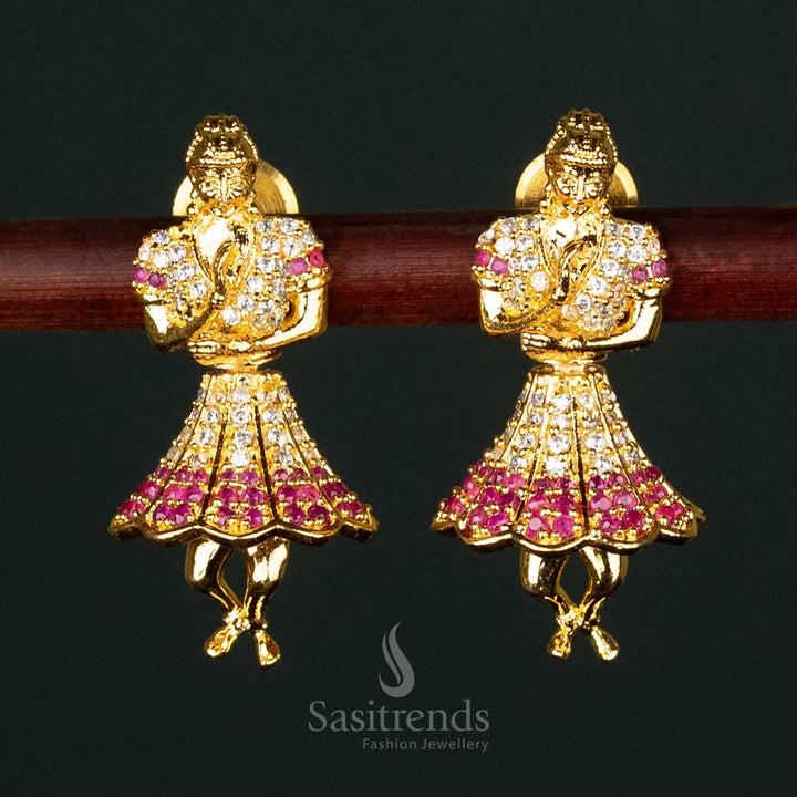 Elegant Micro Gold Plated Butta Bomma Jhumkas with White-Ruby Stones, Perfect for Classic Ethnic Wear - Sasitrends