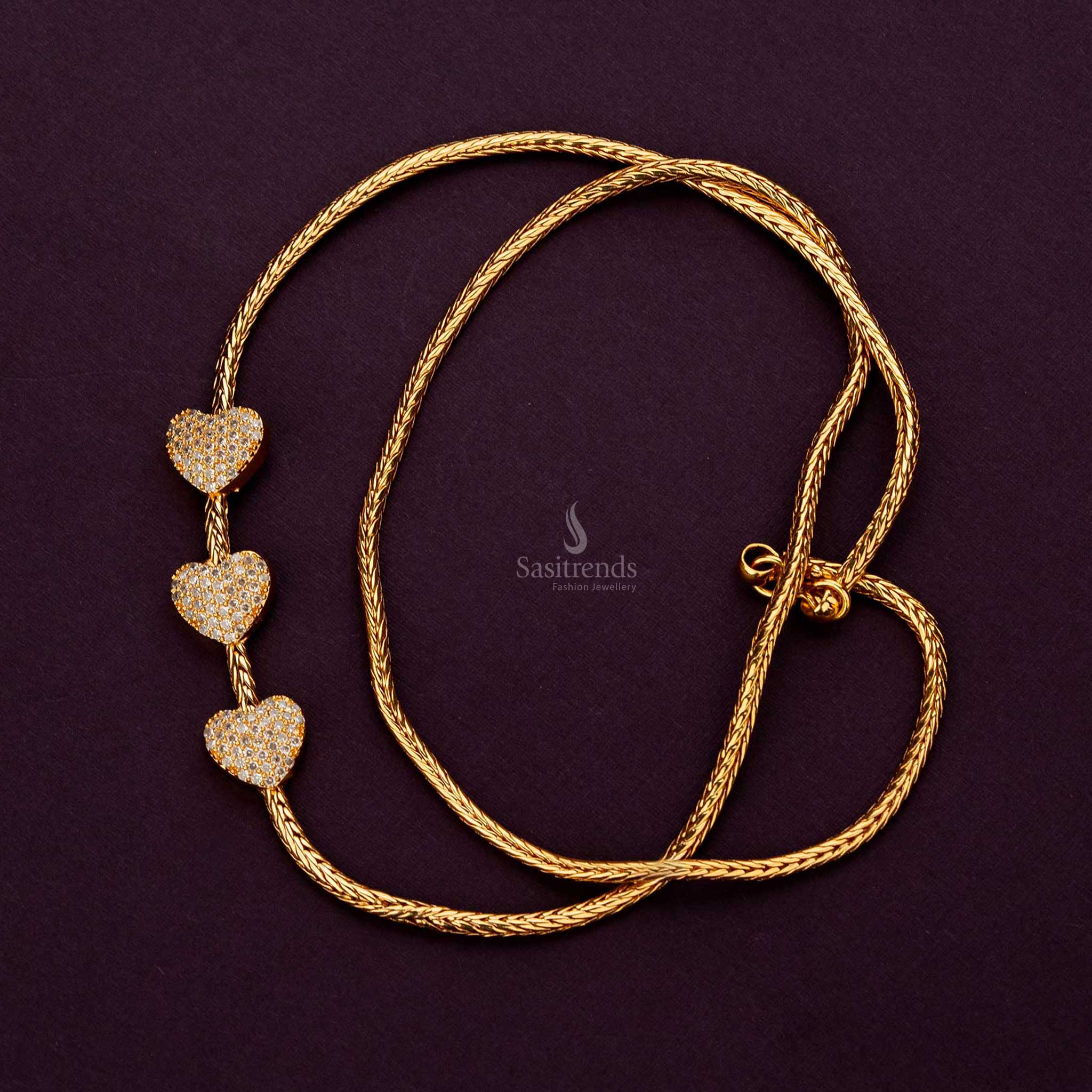 Trendy One Gram Micro Gold Plated Trio Heart Mugappu Chain with AD Stones Sasitrends
