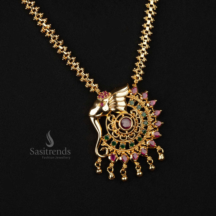 Gold plated jewellery set featuring intricate elephant pendant and hanging beads - Sasitrends