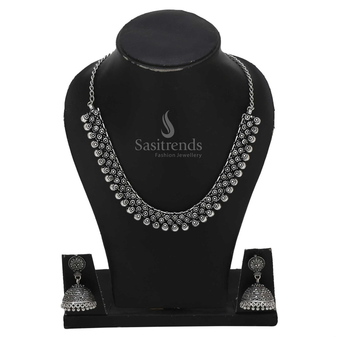 Vintage Vibe Chintaka oxidised silver short necklace with textured ball pendants and elegant jhumka drops, perfect for rustic ethnic ensembles – Sasitrends