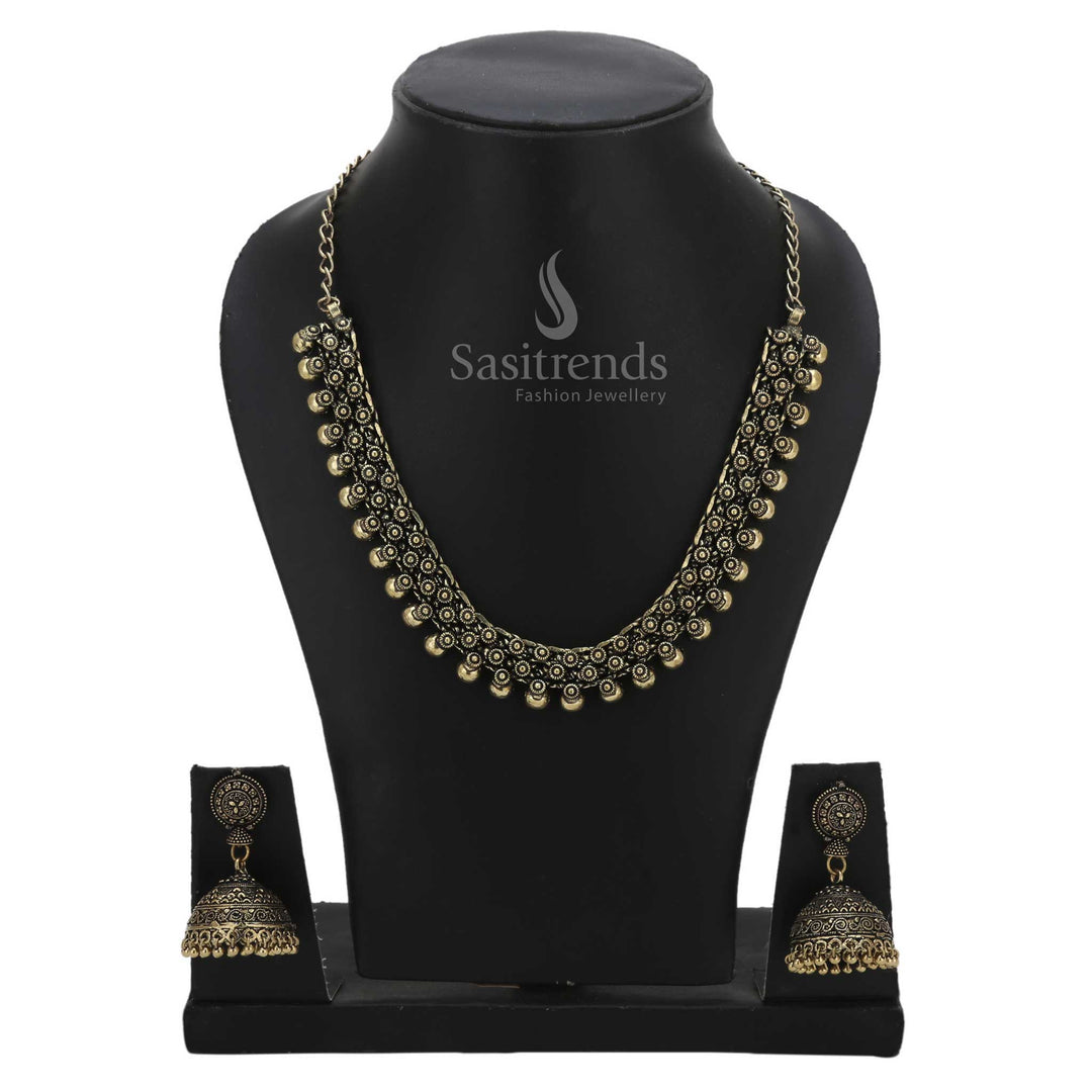 Grandeur Chintaka antique gold short necklace and jhumka set featuring a classic beaded finish and rich South Indian traditional detailing – Sasitrends