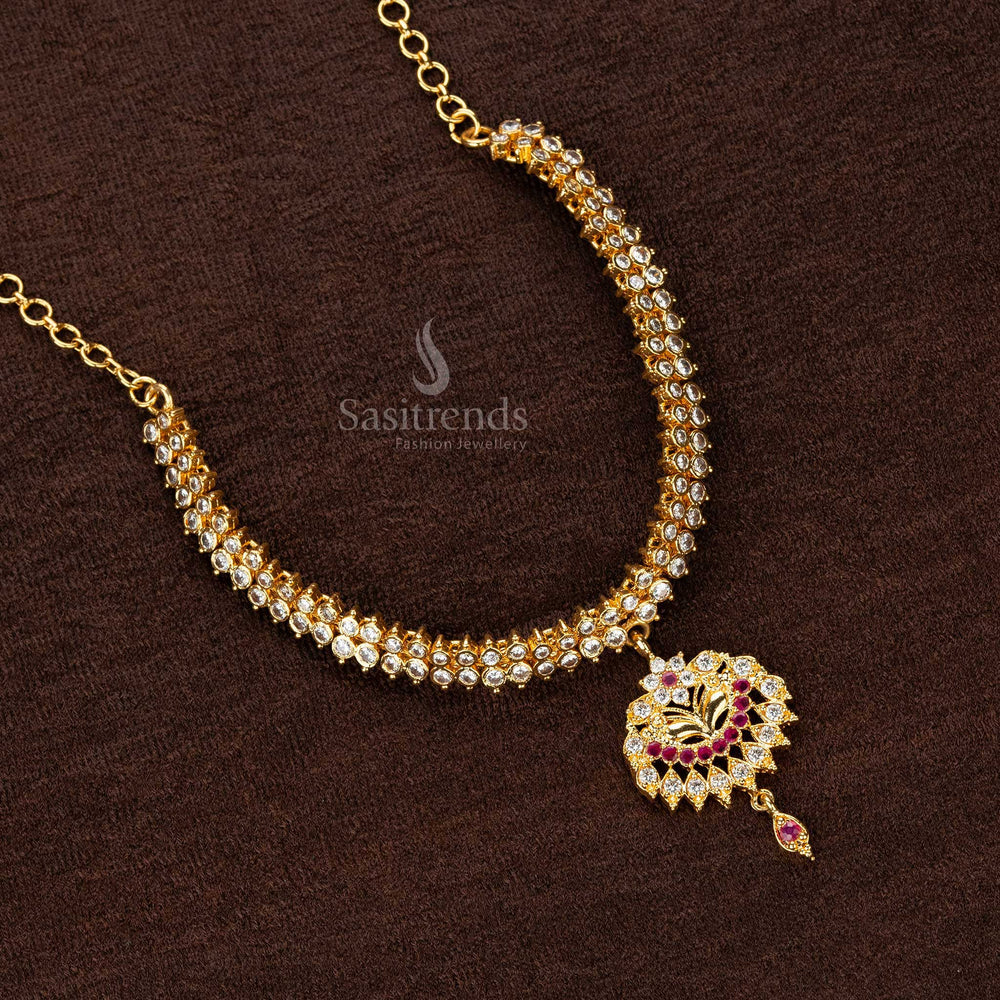 Luxurious long necklace with a floral and geometric motif pendant, featuring cubic zirconia and ruby-red accents - Sasitrends