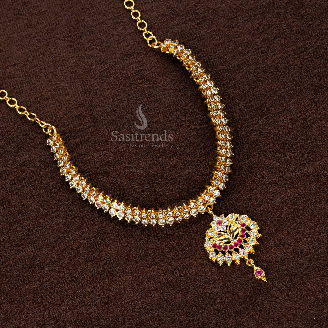 Luxurious long necklace with a floral and geometric motif pendant, featuring cubic zirconia and ruby-red accents - Sasitrends