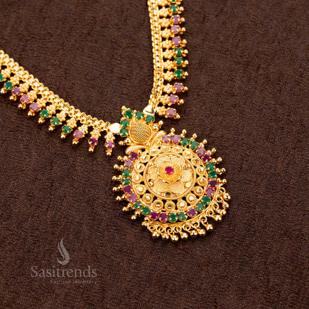 Royal Ruby Green One Gram Micro Gold Plated Round Pendant Necklace -Sasitrends Online