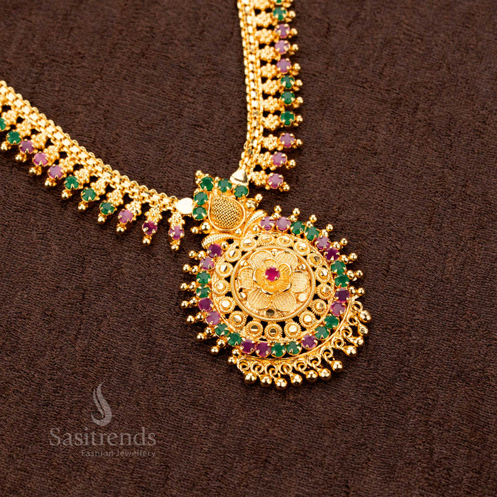 Royal Ruby Green One Gram Micro Gold Plated Round Pendant Necklace -Sasitrends Online