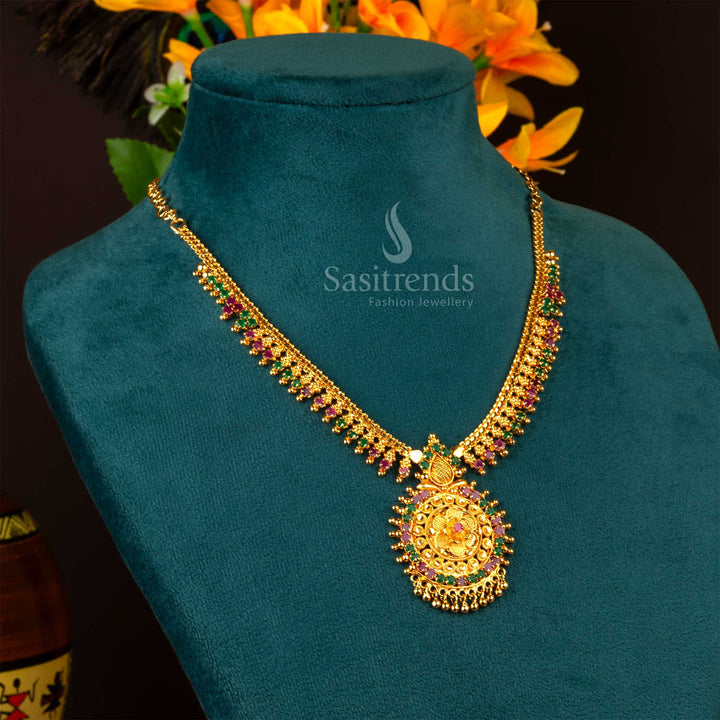 Majestic regal micro gold plated ruby-green flower pendant heritage necklace, crafted with traditional motifs and elegant detailing - Sasitrends