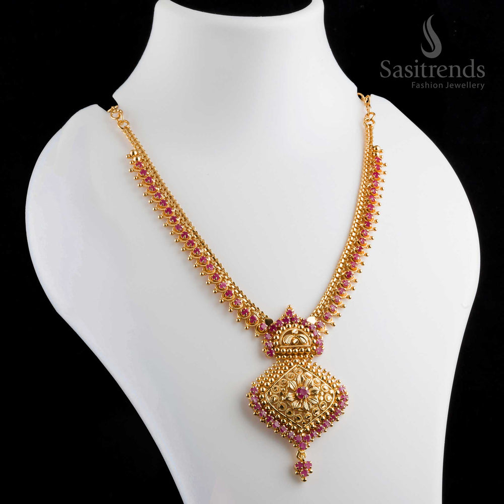 Stunning majestic micro gold plated ruby AD flower pendant grand necklace with intricate floral design and sparkling stones - Sasitrends