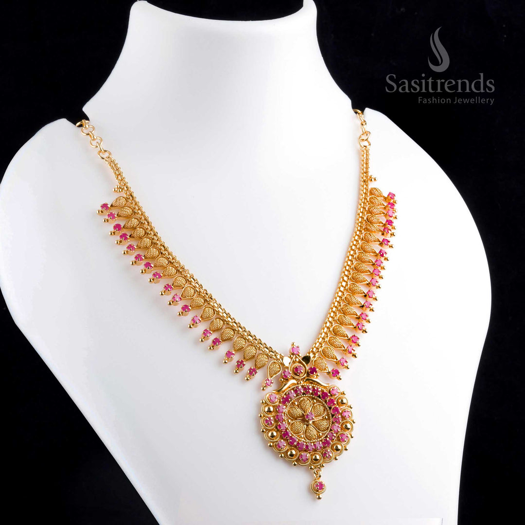 Stunning majestic micro gold plated ruby floral pendant traditional necklace featuring intricate carving and rich cultural elegance - Sasitrends