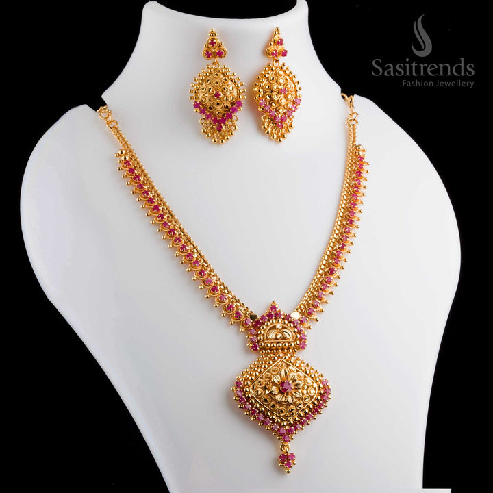 Beautiful elegant micro gold plated ruby AD flower pendant necklace with earrings, adorned with golden balls and radiant AD stones - Ssitrends