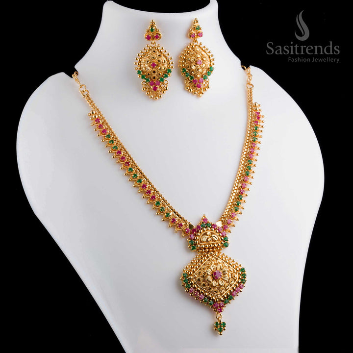 Gorgeous intricate micro gold plated ruby-green AD flower pendant necklace with earrings, featuring a polished finish and golden detailing - Sasitrends