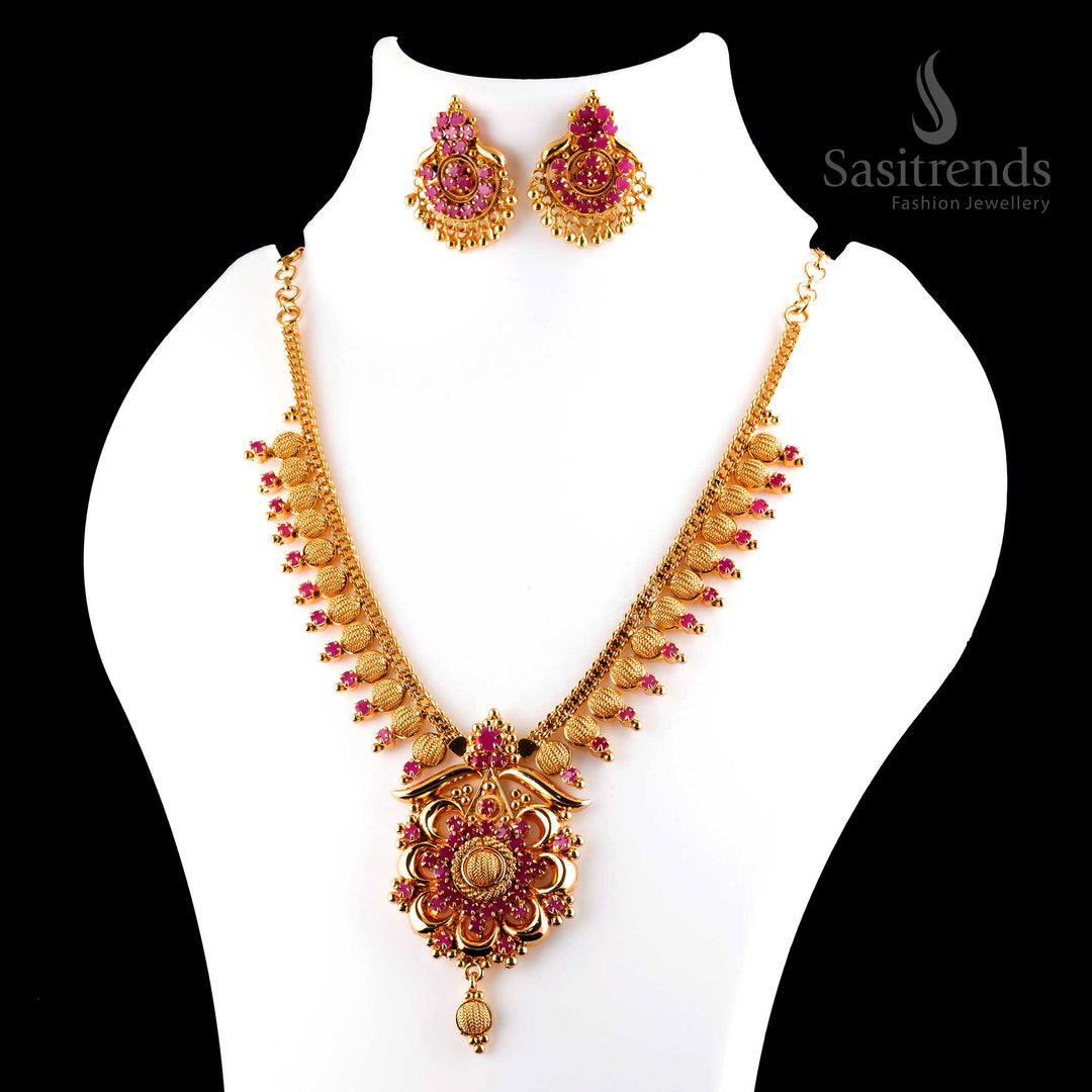 Timeless exquisite micro gold plated ruby AD flower pendant necklace with earrings, adorned with a delicate finish and fine gold detailing - Sasitrends