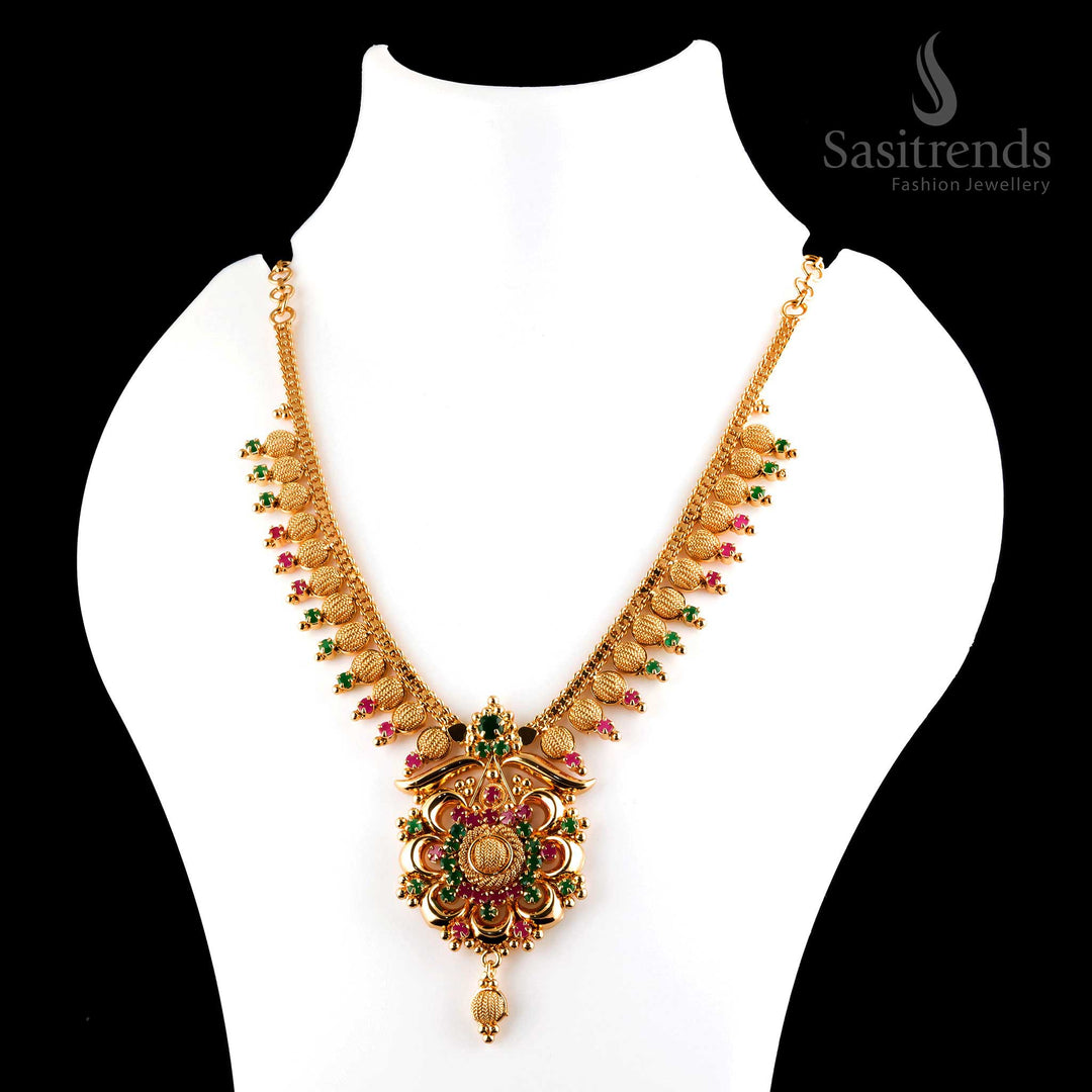 Elegant graceful micro gold plated ruby-green AD flower pendant royal necklace, offering a perfect blend of traditional glamour - Sasitrends