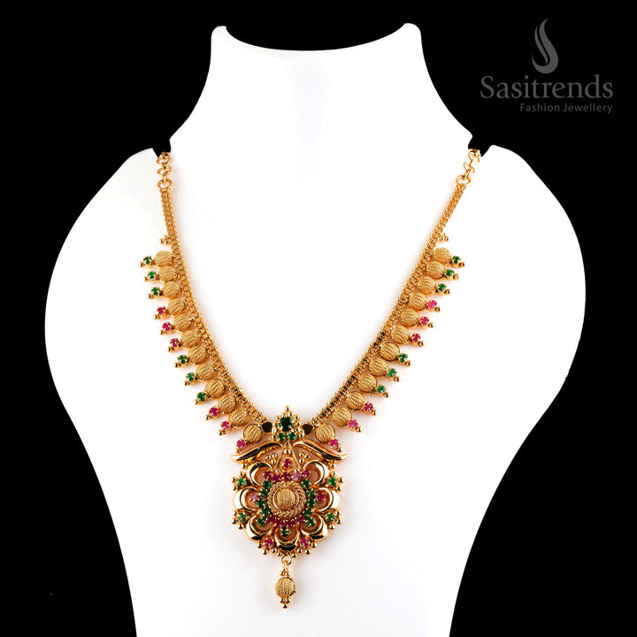 Elegant graceful micro gold plated ruby-green AD flower pendant royal necklace, offering a perfect blend of traditional glamour - Sasitrends