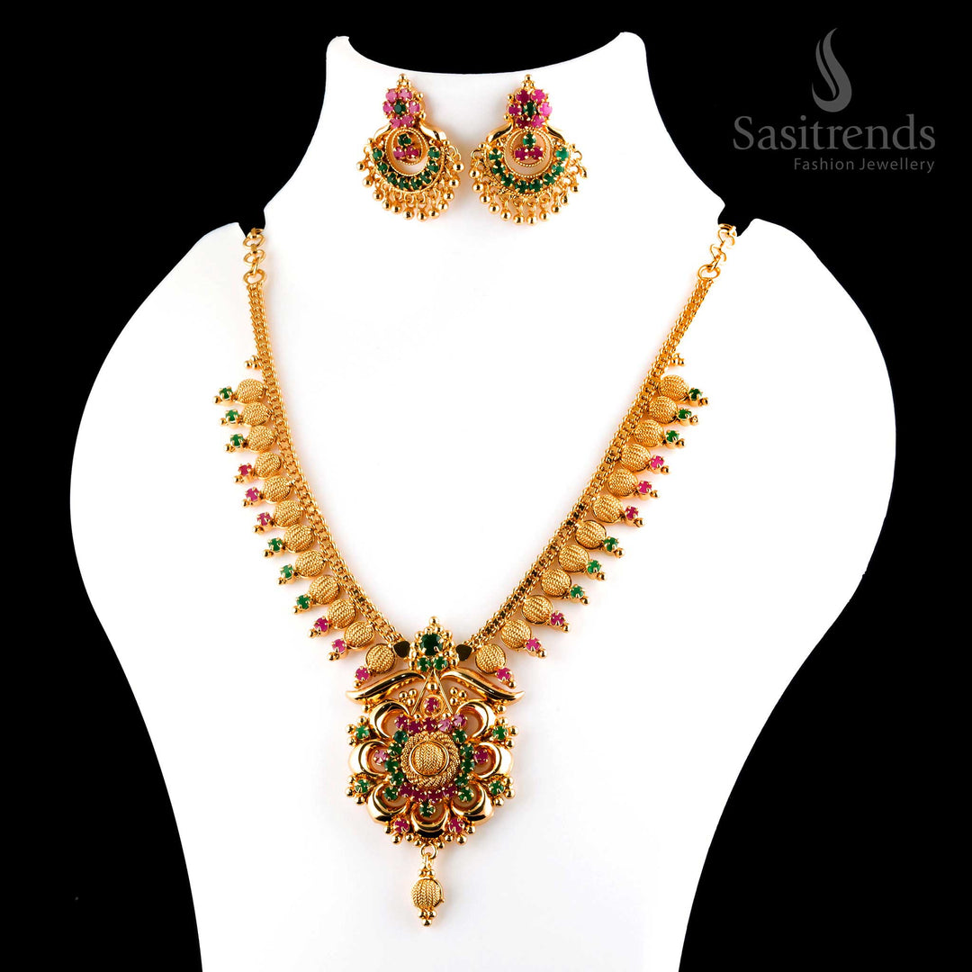 Elegant graceful micro gold plated ruby-green AD flower pendant royal necklace with earrings, offering a perfect blend - Sasitrends