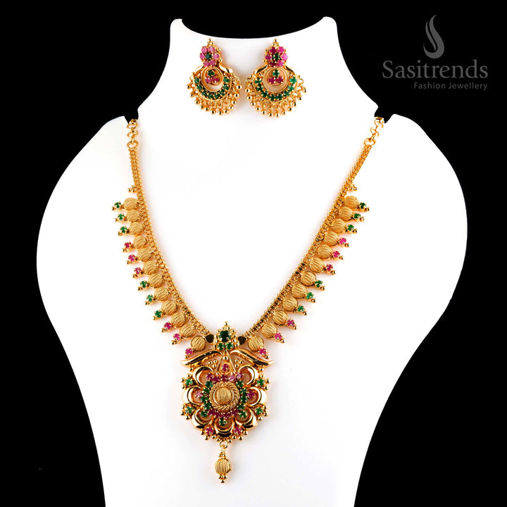 Exquisite Micro Gold-Plated Flower Pendant Necklace & Jewellery Set: Micro Gold Plated, AD Stones, Traditional Elegance