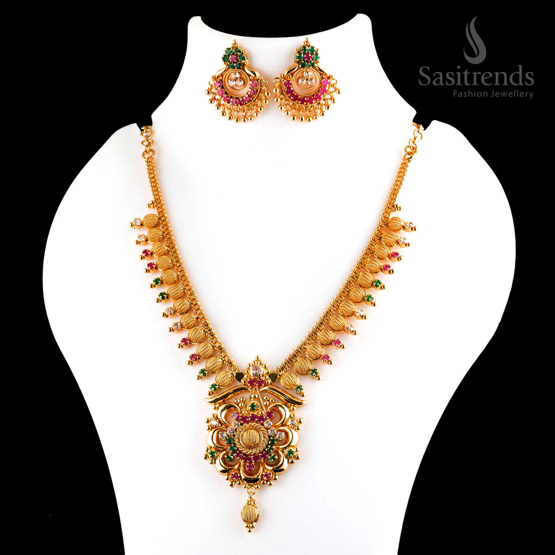 Splendid luxurious micro gold plated multi-color AD flower pendant necklace with earrings, crafted with detailed finishing and golden embellishments - Sasitrends