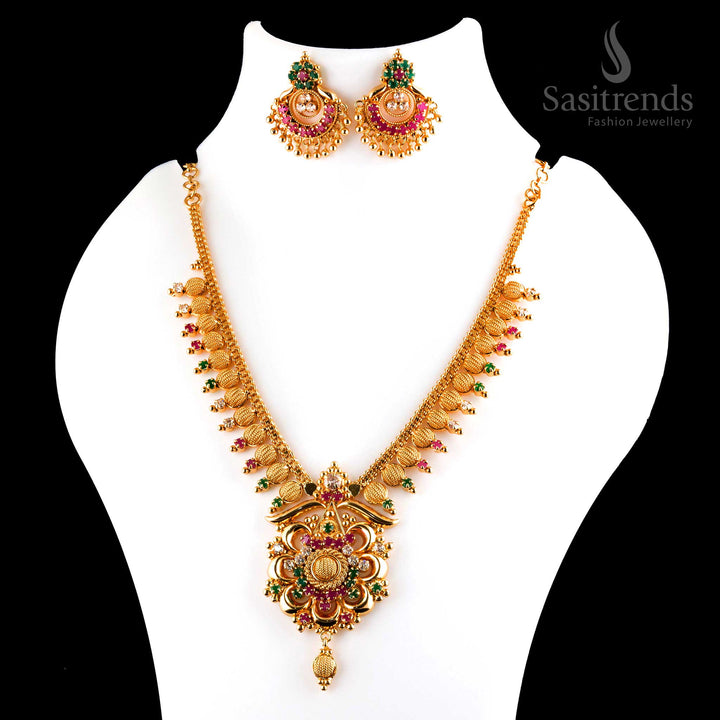 Splendid luxurious micro gold plated multi-color AD flower pendant necklace with earrings, crafted with detailed finishing and golden embellishments - Sasitrends