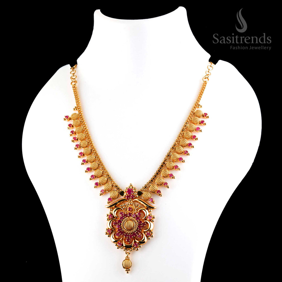 Spectacular opulent micro gold plated ruby AD flower pendant temple necklace, inspired by traditional temple jewellery craftsmanship - Sasitrends