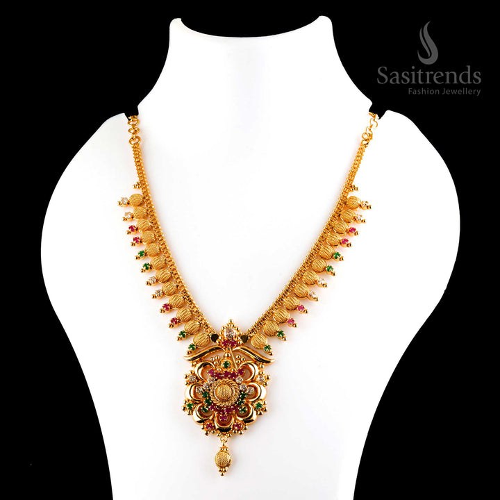 Beautiful timeless micro gold plated multi-color AD flower pendant heritage necklace, designed for a classic ethnic look with golden highlights - Sasitrends