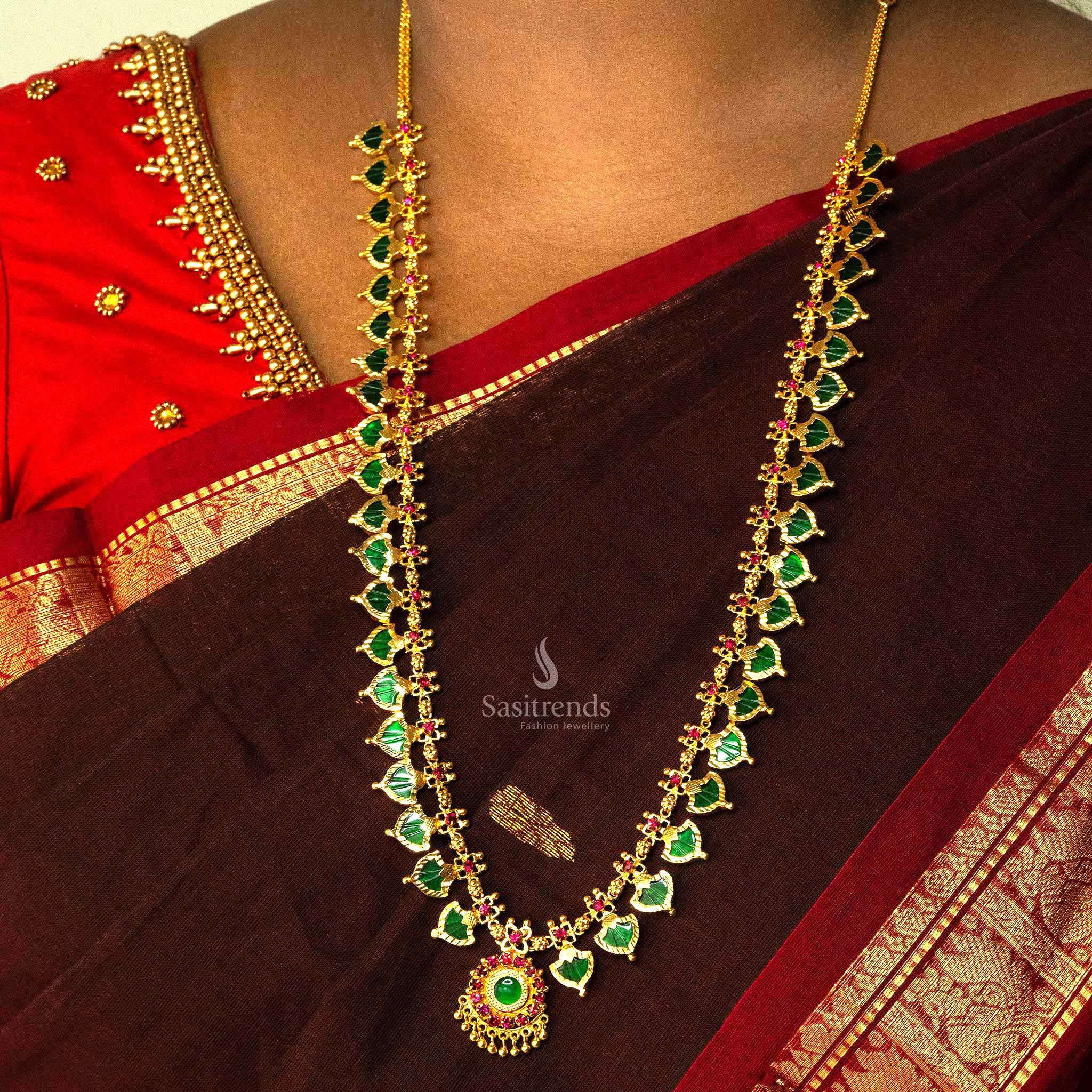 Traditional Long Palakka Necklace: 40 Green Stones Pink Headstone, Micro Gold Plating Sasitrends