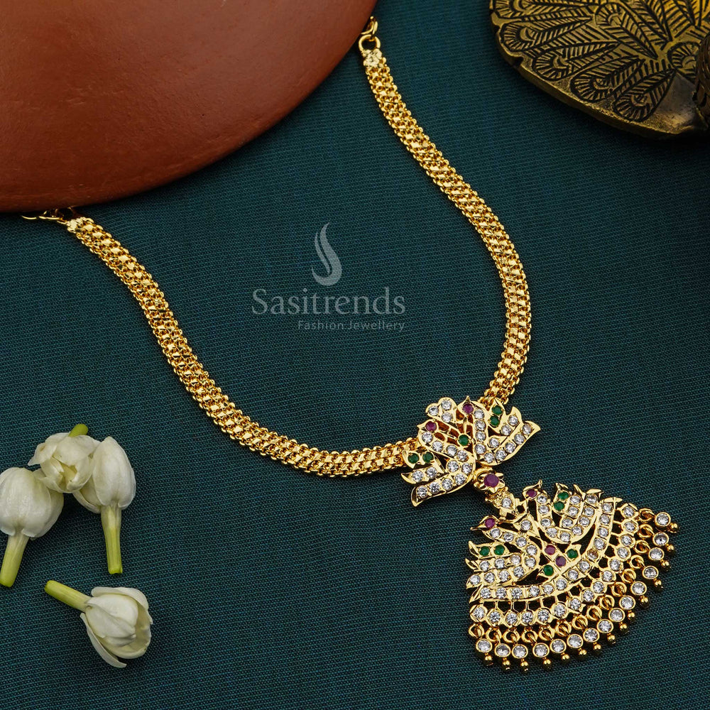 Colourful micro gold plated Addigai necklace with detailed duck accents and multi-stone layout – festive jewellery crafted for vibrant ethnic wear and Navratri charm – Sasitrends
