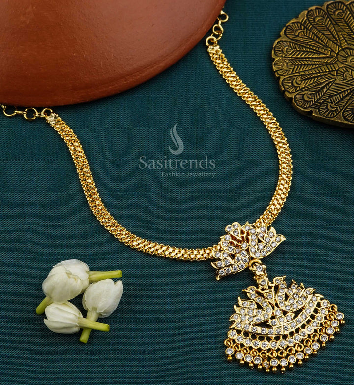Elegant white stone Addigai necklace with twin duck motifs in micro gold finish – perfect traditional jewellery for sarees and graceful religious functions – Sasitrends