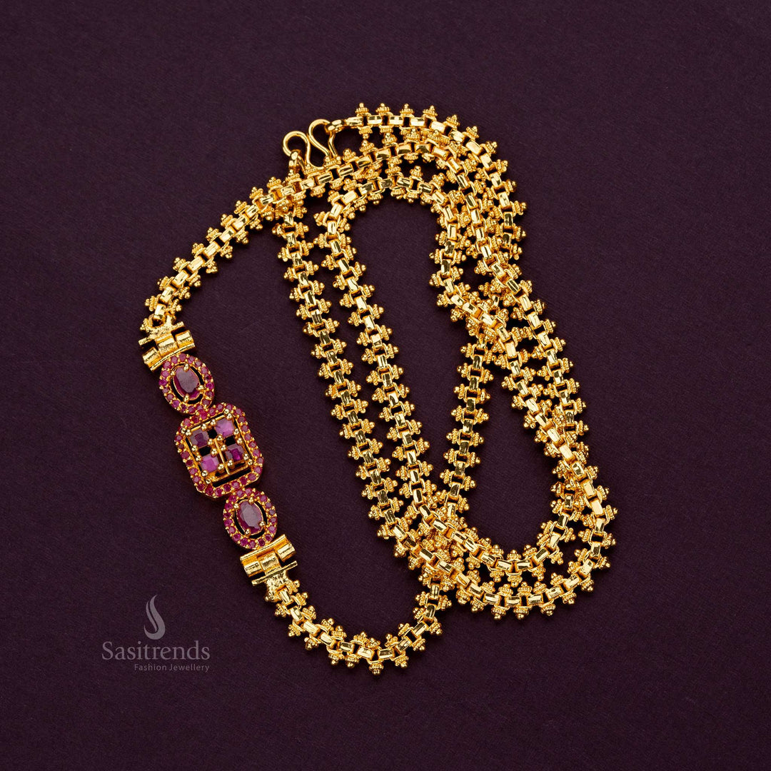 Elegant micro gold-plated Mugappu chain with ruby American Diamond stones - Sasitrends