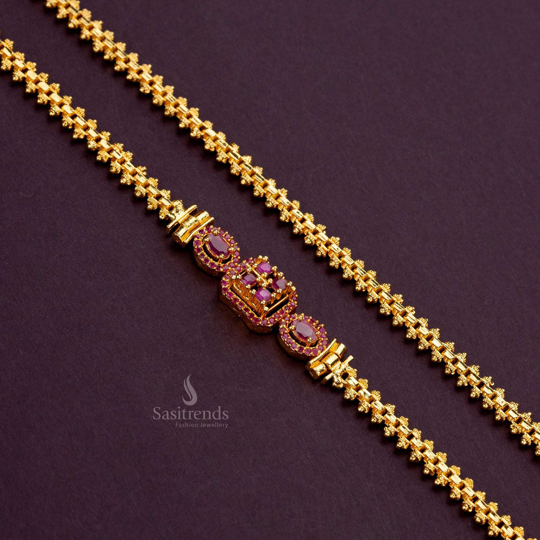 Guaranteed Micro Gold Plated Mugappu Chain with ruby American Diamond Stones for festivals and special occasions - Sasitrends
